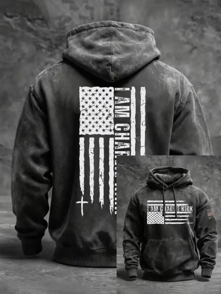 Men’s I Am Charlie Kirk Printed Oversized Drop-Shoulder Hoodie with Pockets