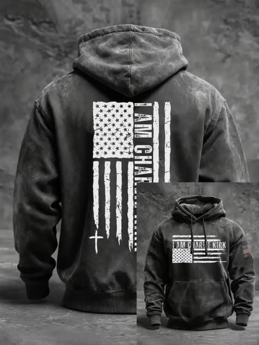 Men’s I Am Charlie Kirk Printed Oversized Drop-Shoulder Hoodie with Pockets