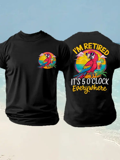Men’s I’m Retired It’s 5 O’clock Everywhere Parrot Print Casual Tee Black / S