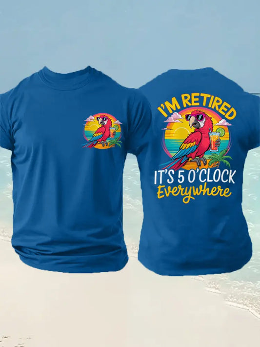 Men’s I’m Retired It’s 5 O’clock Everywhere Parrot Print Casual Tee Blue / S
