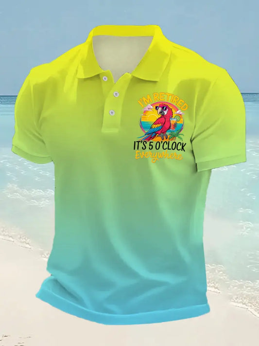 Men’s I’m Retired It’s 5 O’clock Somewhere Parrot Print Casual Top Blue-Green / S
