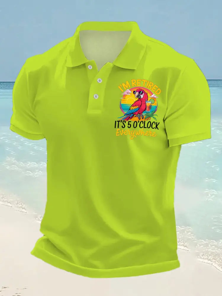 Men’s I’m Retired It’s 5 O’clock Somewhere Parrot Print Casual Top Green / S