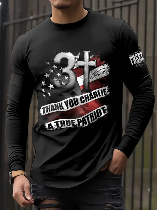 Men’s In Memory Of Charlie Kirk Printed Long Sleeved Round Neck T-shirt Black / S