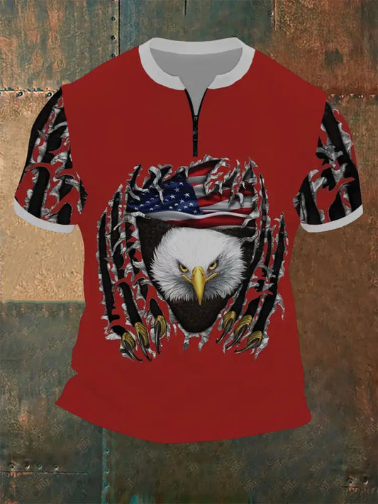 Men’s Independence Day American Flag Eagle Print Casual Zip Short Sleeve T-Shirt Red / S