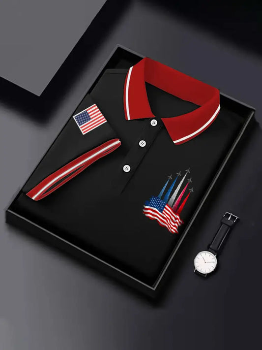 Men’s Independence Day American Flag Jet Print Casual Top Black / S