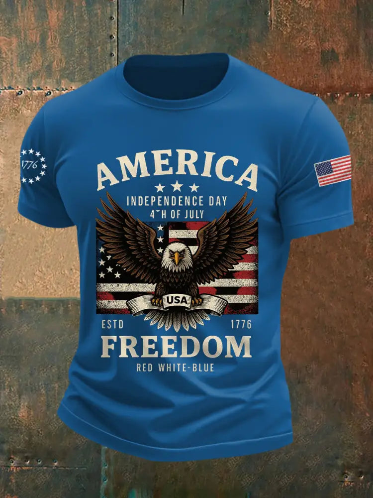 Men’s Independence Day Freedom Bald Eagle Graphic Casual Tee Blue / S