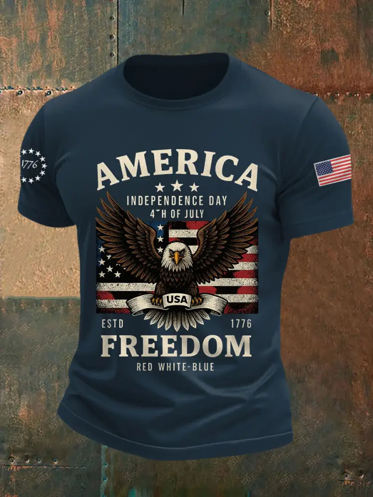 Men’s Independence Day Freedom Bald Eagle Graphic Casual Tee Navy Blue / S