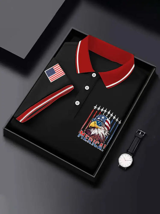 Men’s Independence Day Patriotic Eagle Fighter Jet Airplane American Flag Print Casual Top Black / S