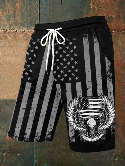 Men’s Independence Day USA Flag Bald Eagle Print Casual Shorts Black / S