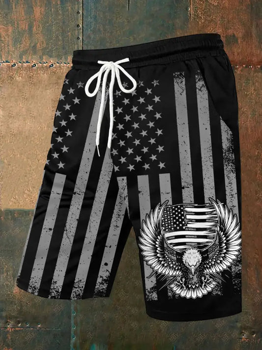 Men’s Independence Day USA Flag Bald Eagle Print Casual Shorts Black / S