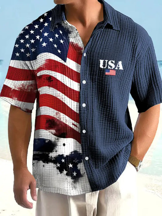 Men’s Independence Day USA Flag Print Casual Shirt Navy Blue / S
