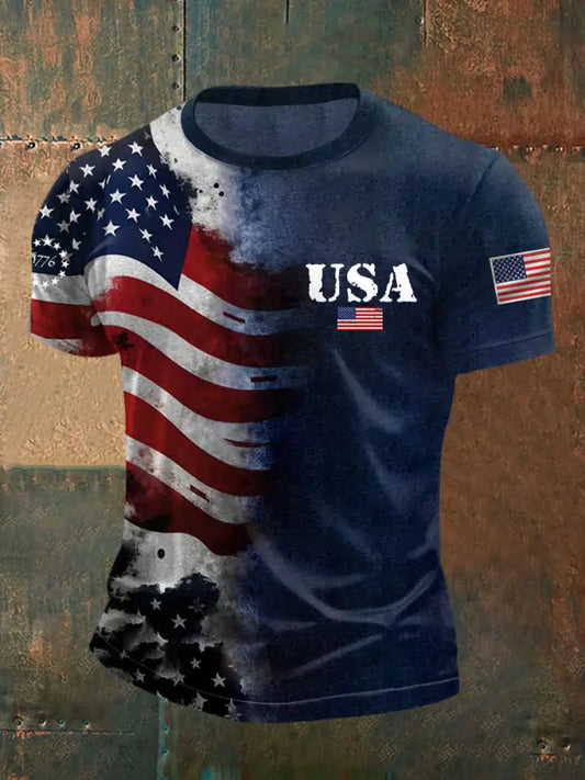Men’s Independence Day USA Flag Print Casual Tee Navy Blue / S