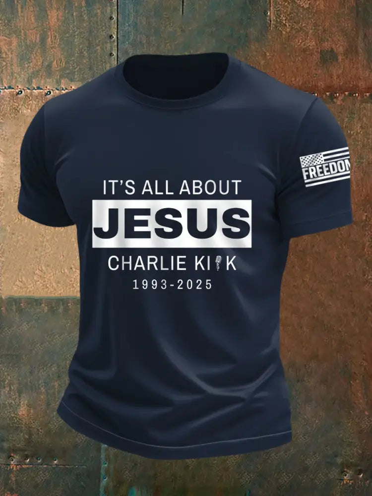 Men’s It’s All About Jesus R.I.P Charlie Kirk Tee Navy Blue / S