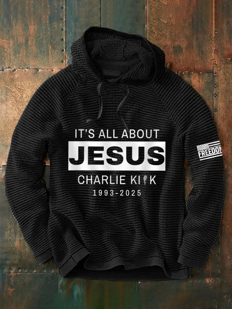 Men’s It’s All About Jesus R.I.P Charlie Kirk Waffle Hoodie Black / S
