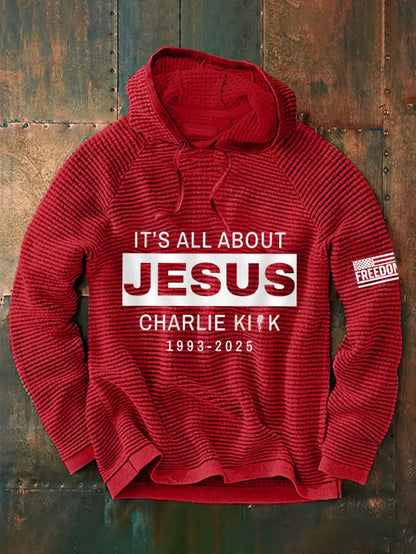 Men’s It’s All About Jesus R.I.P Charlie Kirk Waffle Hoodie Red / S