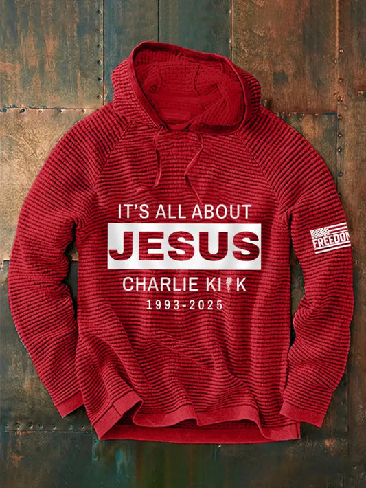 Men’s It’s All About Jesus R.I.P Charlie Kirk Waffle Hoodie Red / S