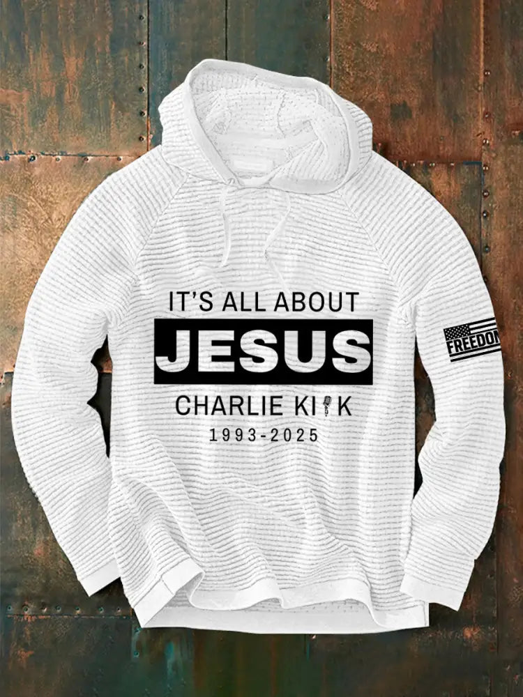 Men’s It’s All About Jesus R.I.P Charlie Kirk Waffle Hoodie White / S