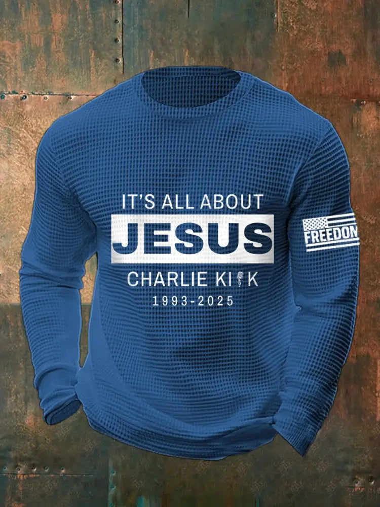 Men’s It’s All About Jesus R.I.P Charlie Kirk Waffle Top Blue / S