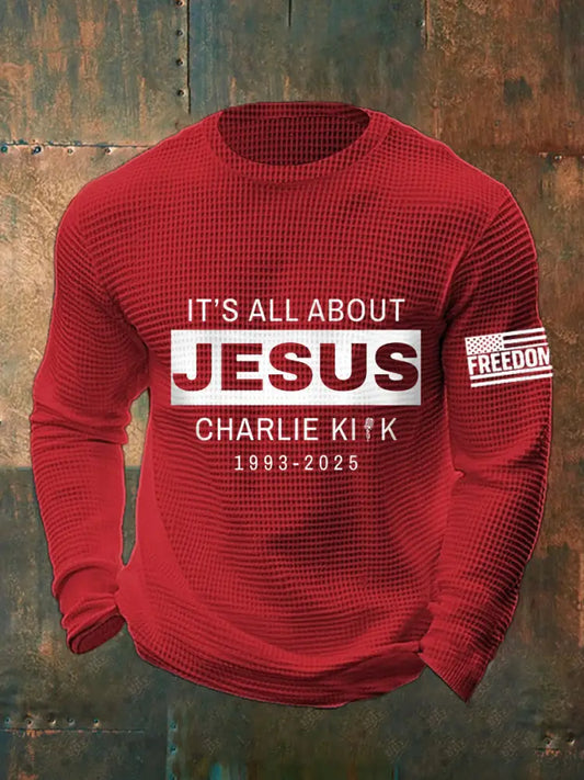 Men’s It’s All About Jesus R.I.P Charlie Kirk Waffle Top Red / S