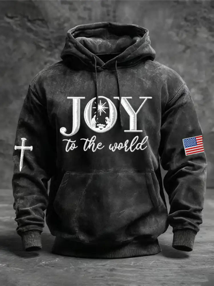 Men’s Joy To The World Printed Casual Hoodie Black / S