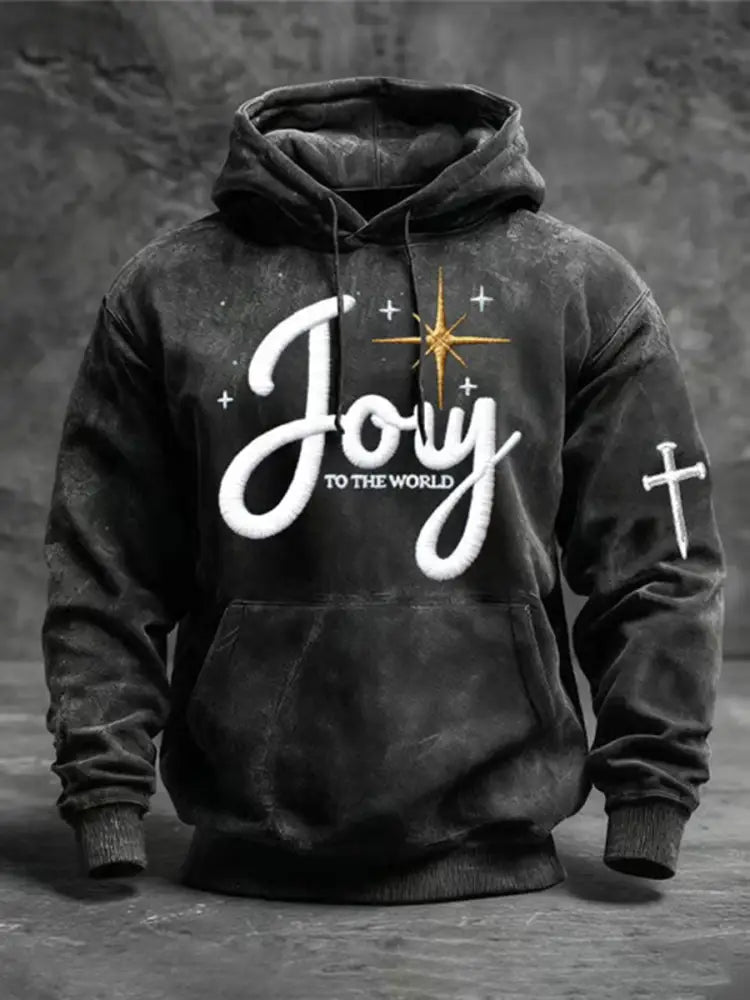Men’s Joy To The World Printed Casual Hoodie Black / S