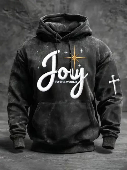 Men’s Joy To The World Printed Casual Hoodie Black / S
