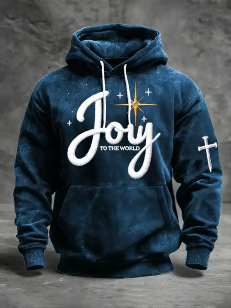 Men’s Joy To The World Printed Casual Hoodie Navy Blue / S