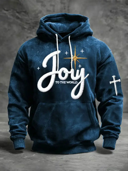 Men’s Joy To The World Printed Casual Hoodie Navy Blue / S