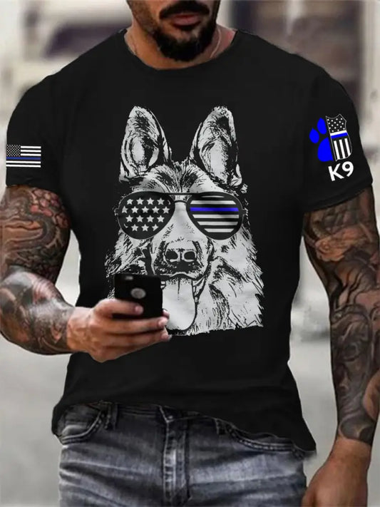 Men’s K9 Thin Blue Line Flag German Shepherd Police Dog T-Shirt Black / S