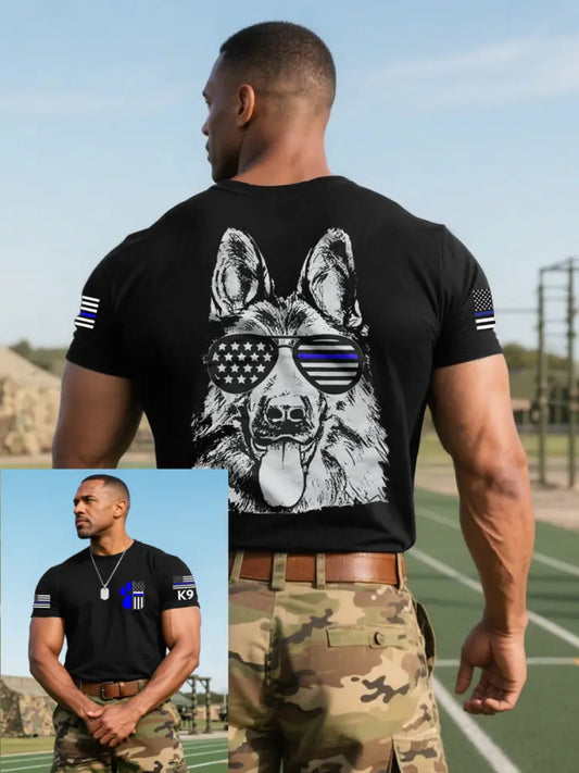 Men’s K9 Thin Blue Line Flag German Shepherd Police Dog T-Shirt Black / S