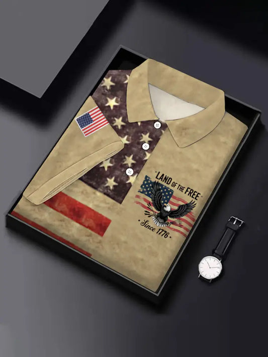 Men’s Land Of The Free Since1776 Independence Day American Flag Bald Eagle Print Casual Top Khaki / S