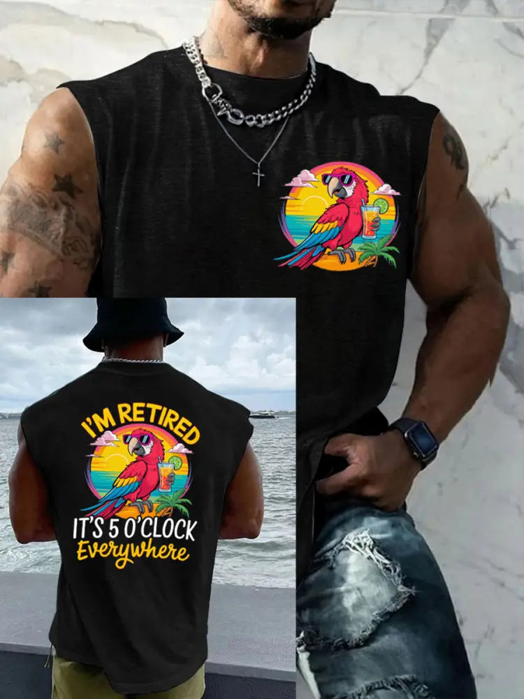 Men’s LI‘m Retired It‘s 5 O’clock Everywhere Parrot Casual Tank Top Black / 4XL
