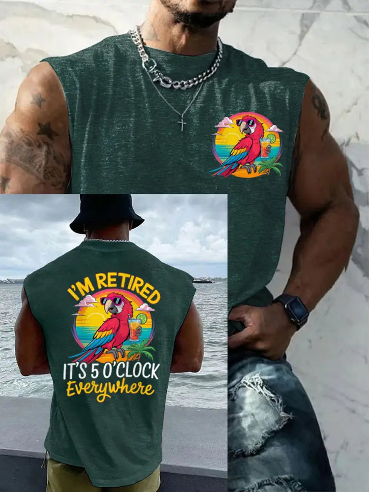 Men’s LI‘m Retired It‘s 5 O’clock Everywhere Parrot Casual Tank Top Dark Green / S