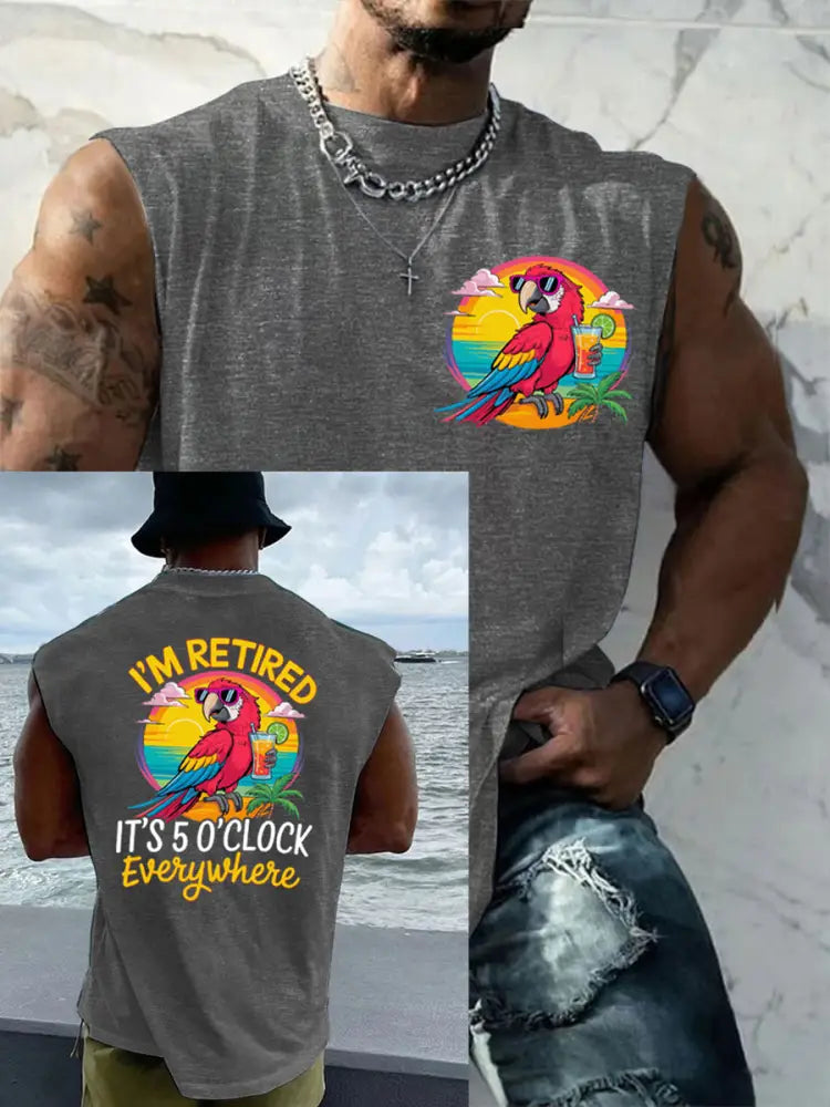 Men’s LI‘m Retired It‘s 5 O’clock Everywhere Parrot Casual Tank Top Light Gray / 4XL