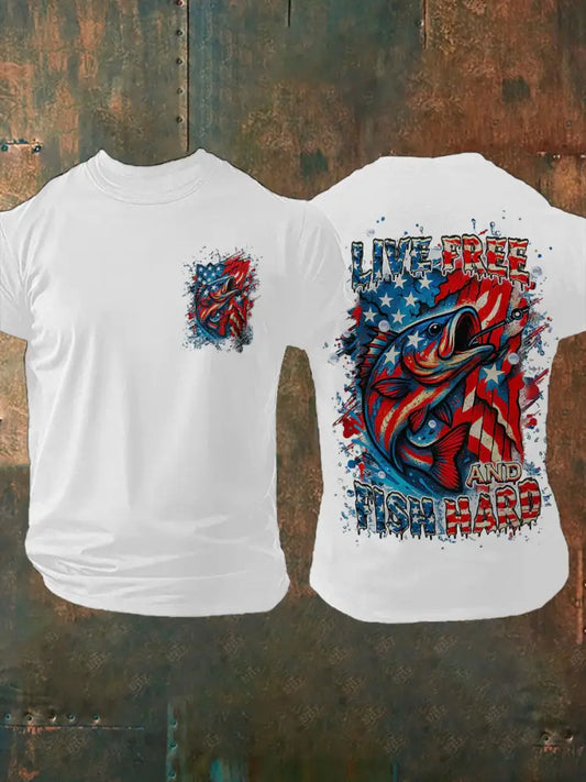 Men’s LIVE FREE AND FISH HARD Printed T-shirt White / S