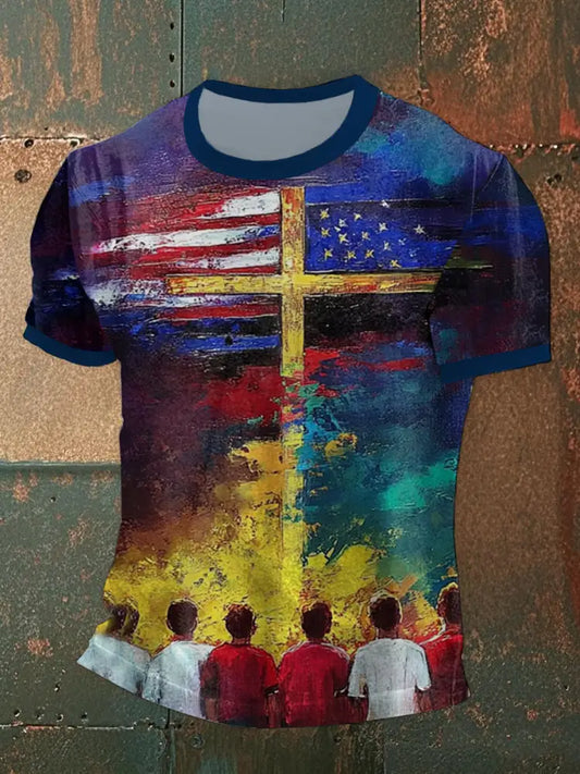 Men’s Oil Painting American Flag Cross Short Sleeve T-Shirt As picture / S