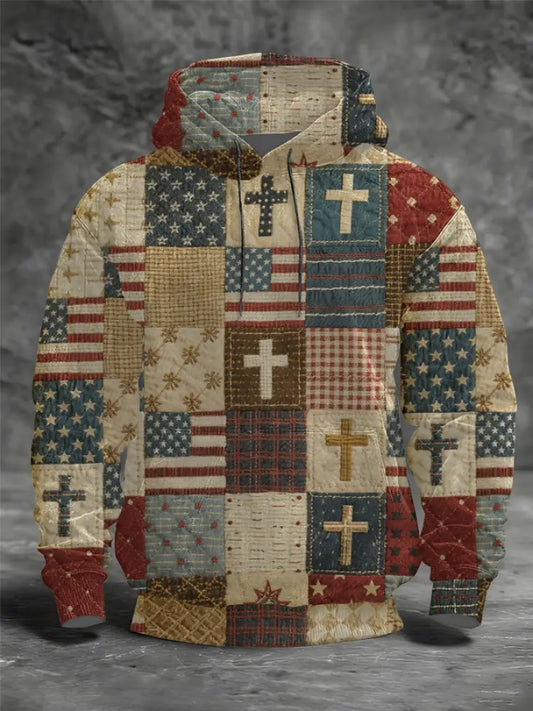 Men’s Patchwork of Faith Printed Oversized Drop-Shoulder Hoodie with Pockets As picture / S