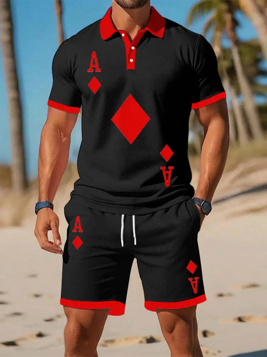 Men’s poker short-sleeved shorts two-piece set Black / S