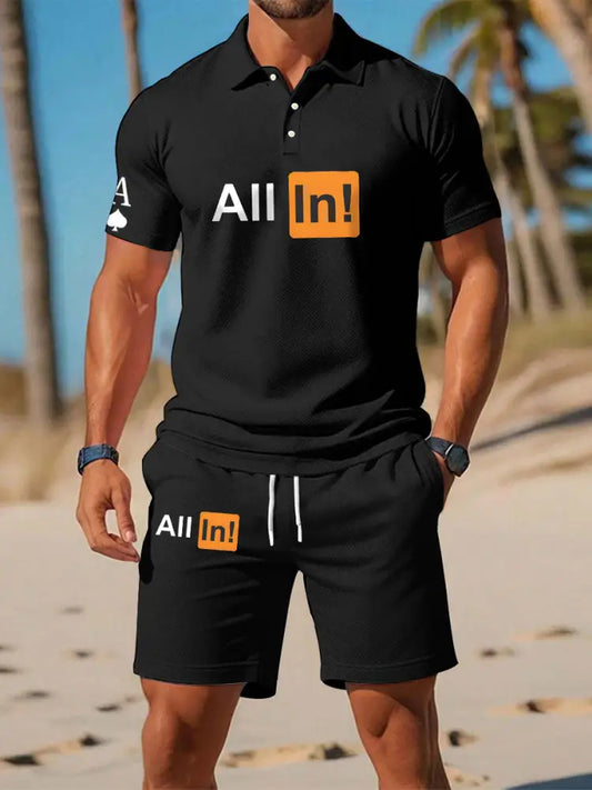 Men’s poker short-sleeved shorts two-piece set Black / S