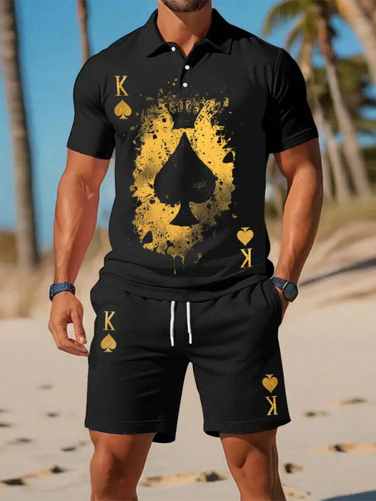 Men’s poker short-sleeved shorts two-piece set Black / S