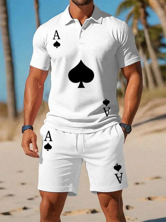 Men’s poker short-sleeved shorts two-piece set White / S
