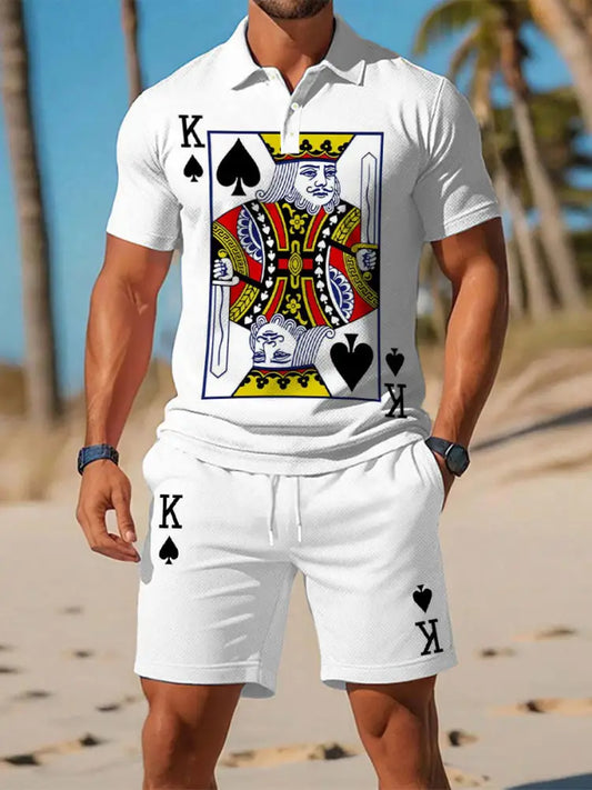 Men’s poker short-sleeved shorts two-piece set White / S