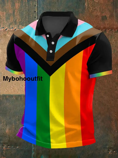 Men’s Pride Month LGBTQ + Rainbow Flag Print Casual Polo Black / S