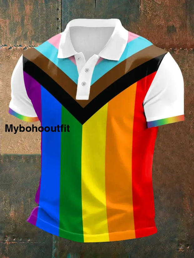Men’s Pride Month LGBTQ + Rainbow Flag Print Casual Polo White / S