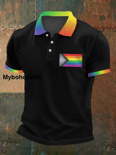Men’s Pride Month Love Is Love Be Yourself Rainbow Print Casual Polo Black / S