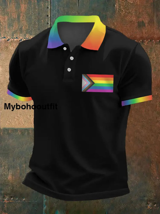 Men’s Pride Month Love Is Love Be Yourself Rainbow Print Casual Polo Black / S