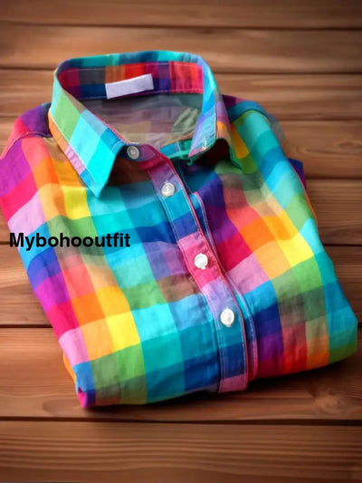 Men’s Pride Month rainbow plaid print short-sleeved shirt Rainbow Colors / S