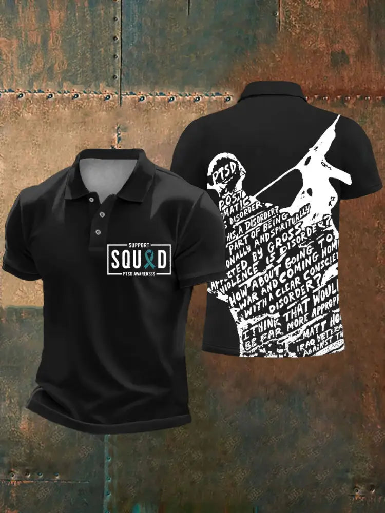 Men’s PTSD Awareness Veteran Printed Casual Tops Black / S