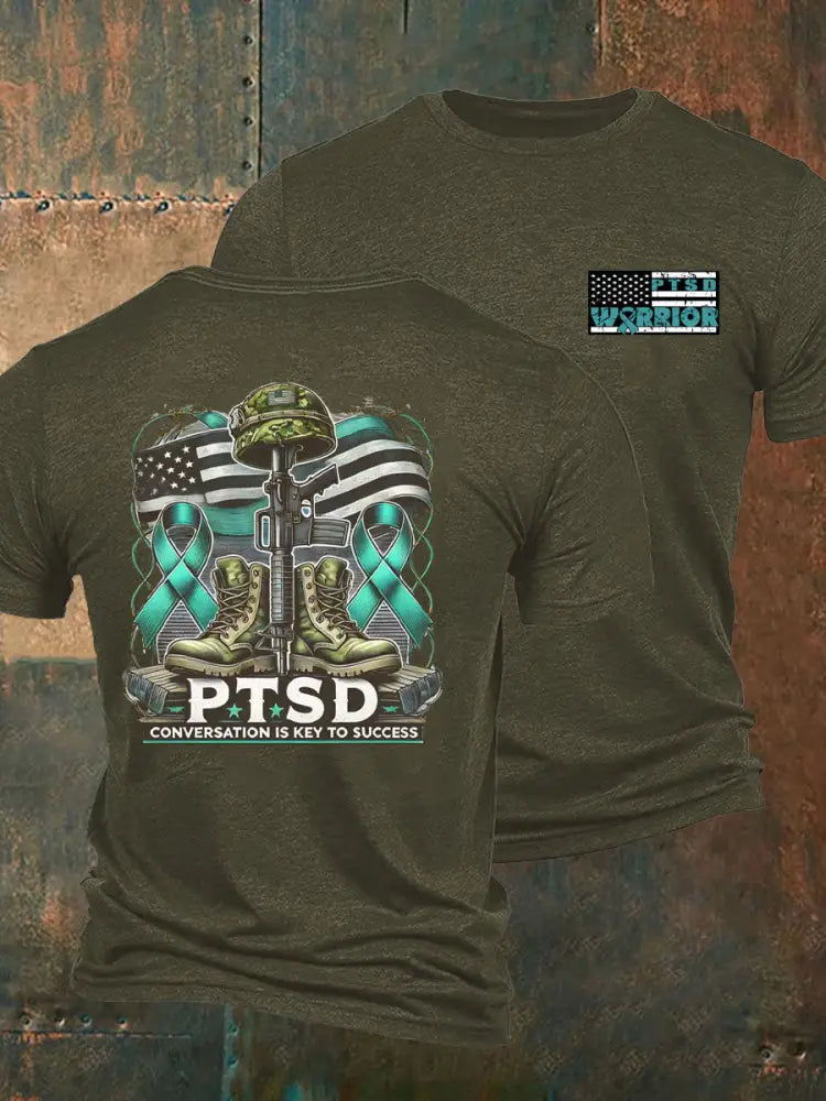 Men’s PTSD Awareness Veteran Printed T-shirt Army Green / S