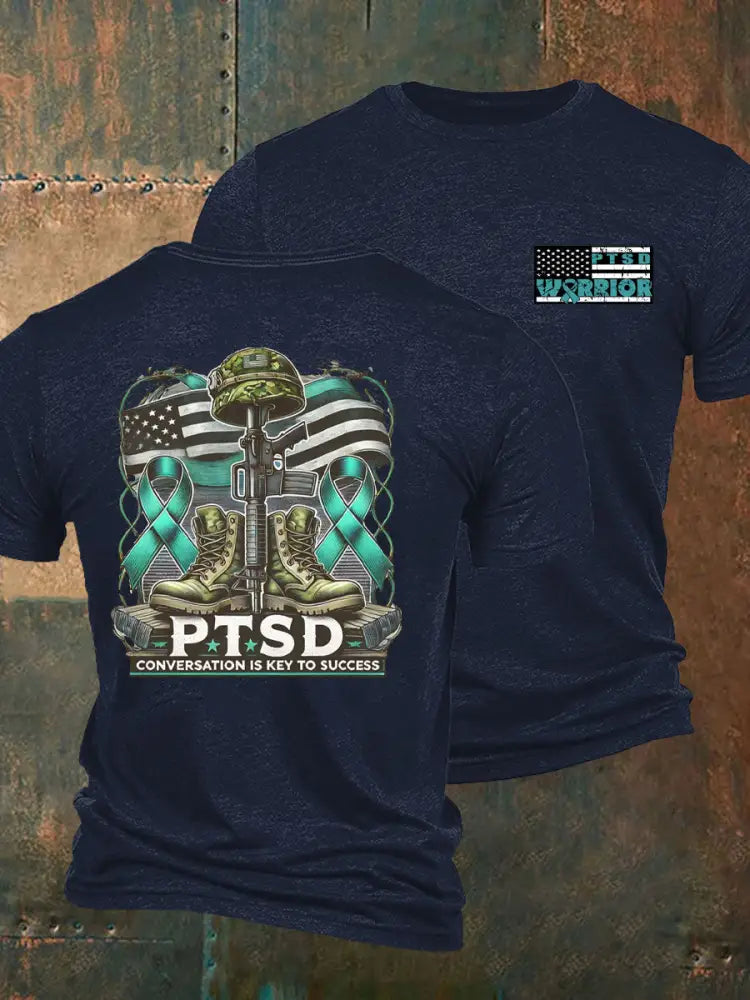 Men’s PTSD Awareness Veteran Printed T-shirt Navy Blue / S